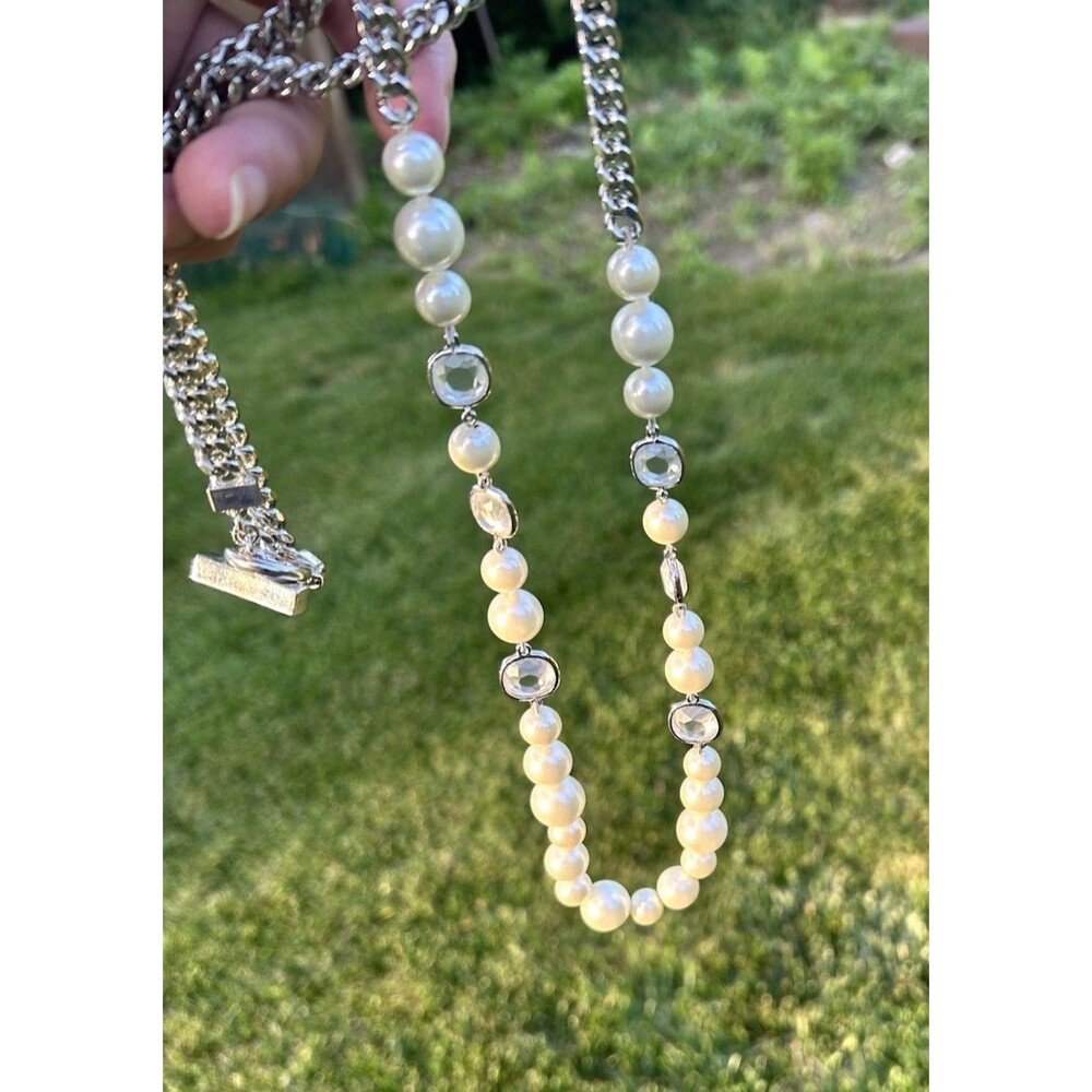 Givenchy VTG Knot Pearl Open Bezel Crystal Necklace Signed 36 inch Long Toggle